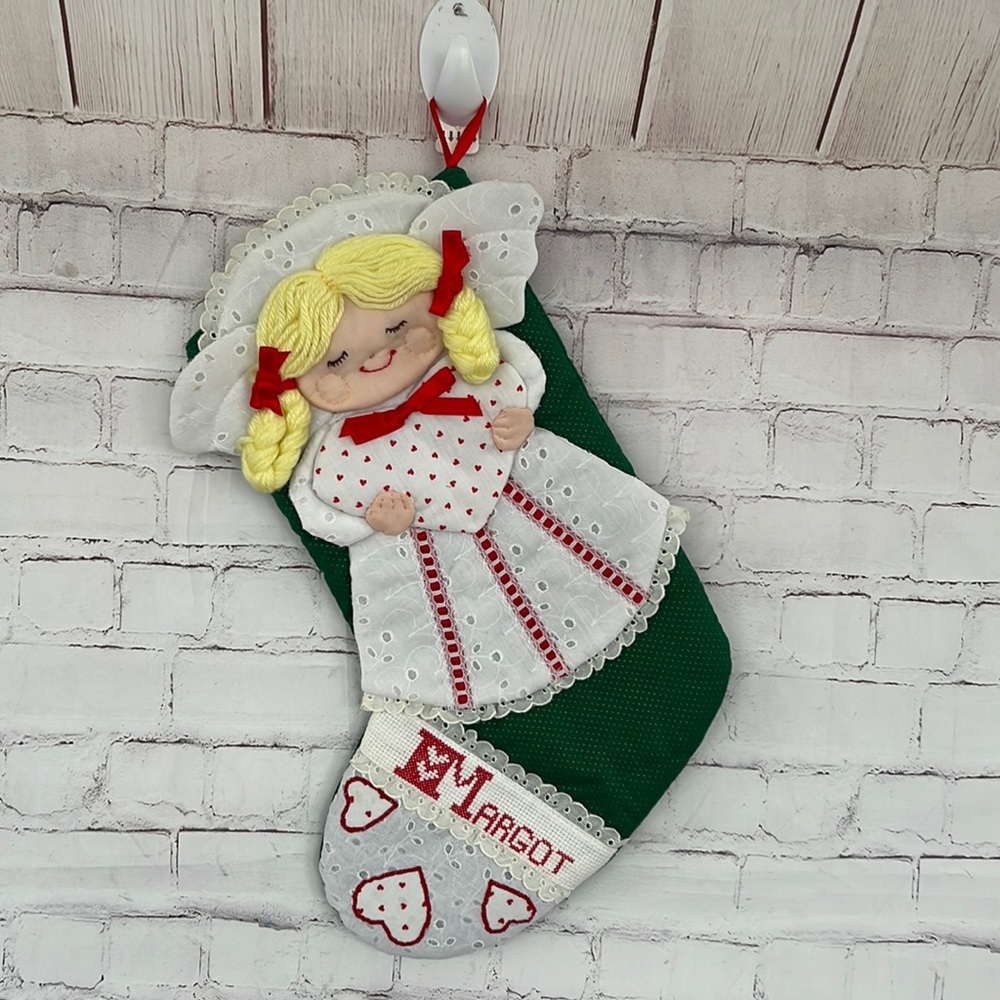 Vintage Christmas stocking holiday decor, Embroidered Margot, 3D doll